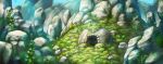  artist_request blue_sky cave commentary day english_commentary fern fushigi_no_dungeon game_cg ivy moss mountain no_humans official_art outdoors pokemon pokemon_(game) pokemon_mystery_dungeon scenery sky third-party_source wide_shot 