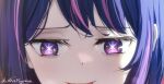  1girl absurdres artist_name blood blood_from_mouth blush close-up commentary eye_focus film_grain highres hoshino_ai_(oshi_no_ko) looking_at_viewer mayushuuu multicolored_hair oshi_no_ko pink_hair purple_hair romaji_commentary sidelocks solo star_(symbol) streaked_hair violet_eyes 