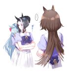  ... 3girls animal_ears black_hair blue_hair bow bowtie braid braided_bun breasts brown_hair crossed_arms crown_braid hair_bun hair_ornament hiding hiding_behind_another horse_ears horse_girl horse_tail hug hug_from_behind long_hair mejiro_ardan_(umamusume) mejiro_ramonu_(umamusume) multiple_girls notice_lines purple_shirt romi_(346_ura) sailor_collar school_uniform shirt short_hair simple_background sirius_symboli_(umamusume) skirt small_breasts spoken_ellipsis tail tail_through_clothes tracen_school_uniform umamusume upper_body white_background white_skirt 