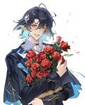  1boy absurdres ahoge arknights bishounen black_hair bouquet chuan04826 cowboy_shot ear_piercing flower highres holding holding_bouquet infection_monitor_(arknights) lumen_(arknights) male_focus neckerchief orange_eyes piercing pointy_ears red_flower red_rose rose short_hair simple_background smile solo white_background 