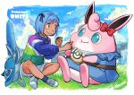  1girl :i backpack bag bag_removed belt blue_hair blush border bow brown_belt closed_mouth clothed_pokemon clouds commentary_request copyright_name day eating elizabeth_(tomas21) feeding food glaceon grass green_eyes highres musical_note onigiri outdoors pokemon pokemon_(creature) pokemon_(game) pokemon_unite red_bow shoes short_hair shorts sitting sky smile sneakers socks white_border wigglytuff 