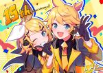  1boy 1girl absurdres black_gloves blonde_hair blush bow commentary_request confetti dated gloves green_eyes hair_ornament hairclip headphones highres kagamine_len kagamine_rin lapels long_sleeves looking_at_viewer necktie one_eye_closed open_mouth orange_necktie short_hair sleeves_past_elbows smile taro14_tea teeth upper_body vocaloid 