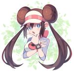  1girl :o blue_eyes blush bow breasts bright_pupils brown_hair commentary_request double_bun doughnut_hair_bun hair_bun hand_on_own_chin highres kana_(kanna_runa0620) long_hair open_mouth pink_bow pokemon pokemon_(game) pokemon_bw2 raglan_sleeves rosa_(pokemon) shirt solo stroking_own_chin twintails upper_body visor_cap white_pupils 