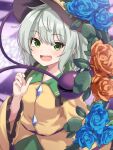  1girl :d black_headwear blouse blue_flower blue_rose blurry blurry_background blush buttons checkered_floor commentary diamond_button flower frilled_shirt_collar frills green_eyes green_skirt grey_hair hand_up hat highres komeiji_koishi leaf looking_at_viewer open_mouth red_flower red_rose remiria100 rose shirt short_hair skirt smile solo third_eye touhou upper_body yellow_shirt 