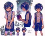  1boy ? alternate_costume alternate_hair_color alternate_hairstyle basil_(omori) black_eyes black_hair black_shorts book clenched_teeth closed_mouth collared_shirt crying crying_with_eyes_open dated flower from_side hair_flower hair_ornament highres holding holding_book holding_flower_pot hyaku_(momongamomomo) looking_at_viewer omori parted_lips plant potted_plant shirt short_hair short_sleeves shorts tears teeth translation_request twitter_username white_shirt 