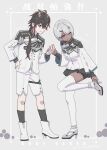  1boy 1girl ahoge black_hair black_skirt black_socks braid braided_ponytail changyu_(punishing:_gray_raven) character_name commentary_request crossed_bangs dark-skinned_female dark_skin full_body grey_footwear grey_hair hair_between_eyes hair_ornament hand_on_own_foot helping high_heels highres holding_hands horns long_hair long_sleeves medium_hair miniskirt multicolored_hair orange_eyes pleated_skirt punishing:_gray_raven red_eyes redhead shirt shorts single_horn siyo161 skirt socks sophia_(punishing:_gray_raven) streaked_hair thigh-highs translation_request white_footwear white_shirt white_shorts white_socks white_thighhighs wide_sleeves x_hair_ornament 