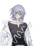  1boy arknights bishounen black_shirt chuan04826 coat cowboy_shot grey_eyes grey_hair highres looking_at_viewer male_focus pointy_ears shalem_(arknights) shirt short_hair simple_background solo white_background white_coat 