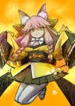  152_in_can 1girl absurdres animal_ear_fluff animal_ears fate/samurai_remnant fate_(series) fox_ears fox_tail full_body highres japanese_clothes kimono long_hair looking_at_viewer orange_background pantyhose pink_hair short_kimono sketch sleeves_past_fingers sleeves_past_wrists smile solo tail tamamo_(fate) tamamo_aria white_pantyhose wide_sleeves yellow_eyes yellow_kimono 