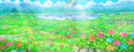  artist_request blue_flower blue_sky clouds commentary day english_commentary field flower flower_field fushigi_no_dungeon game_cg lake light_particles light_rays mountain mountainous_horizon no_humans official_art orange_flower outdoors pokemon pokemon_(game) pokemon_mystery_dungeon purple_flower rainbow red_flower reflection reflective_water scenery sky sunlight third-party_source tree wide_shot 
