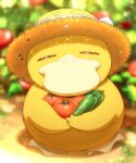  blurry blurry_background closed_eyes commentary_request cucumber food happy hat hat_ribbon highres holding holding_food holding_vegetable monaka_(hc_pkmn) no_humans pokemon pokemon_(creature) psyduck ribbon straw_hat tomato vegetable white_ribbon 
