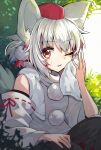  1girl absurdres animal_ears grey_hair hat highres inubashiri_momiji looking_at_viewer one_eye_closed open_mouth pokopoko_ponzu red_eyes red_headwear short_hair solo tail tokin_hat touhou wolf_ears wolf_tail 