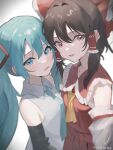  2girls absurdres aqua_eyes aqua_hair aqua_necktie ascot bare_shoulders blurry bow breasts brown_eyes brown_hair commentary_request crossover detached_sleeves frilled_bow frilled_hair_tubes frilled_shirt_collar frills hair_between_eyes hair_bow hair_tubes hakurei_reimu hatsune_miku highres looking_at_viewer loose_necktie multiple_girls naruhodo_ok necktie nontraditional_miko open_mouth red_bow red_skirt shirt sidelocks signature skirt skirt_set sleeveless sleeveless_shirt small_breasts smile touhou twintails upper_body vocaloid yellow_ascot 