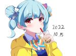  1girl blue_hair blue_sweater_vest blush bow bowtie bubble_tea collared_shirt commentary_request dated double_bun drink drinking drinking_straw hair_bun holding holding_drink hood hooded_jacket hyodou_shizuku idoly_pride jacket long_bangs long_sleeves looking_at_viewer open_clothes open_jacket raised_eyebrows red_eyes school_uniform shidonattsu shirt short_hair short_twintails sidelocks simple_background solo striped striped_bow striped_bowtie sweater_vest twintails upper_body v-neck white_background white_shirt yellow_jacket 