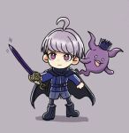  1boy ahoge black_cape black_footwear blue_jacket boots cape chibi closed_mouth commentary_request crown full_body ghost grey_background grey_shorts highres holding holding_sword holding_weapon horns jacket long_sleeves male_focus master_detective_archives:_rain_code open_mouth purple_hair shinigami_(rain_code) short_hair shorts simple_background smile sparkle standing sword violet_eyes weapon yuma_kokohead yuzu86442 