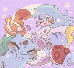  1girl ambertwo_(pokemon) blue_eyes blue_hair bulbasaur charmander closed_eyes closed_mouth dot_mouth dress fang flame-tipped_tail hair_between_eyes hug long_hair mewtwo one_eye_closed open_mouth pokemon pokemon:_the_first_movie_-_mewtwo_strikes_back pokemon_(anime) pokemon_(classic_anime) pokemon_(creature) purple_background ribbon squirtle turtle_shell violet_eyes white_dress yoshishi_(yosisitoho) 