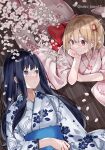  2girls black_hair blonde_hair blue_kimono blurry cherry_blossoms closed_mouth commentary depth_of_field eye_contact falling_petals floral_print hair_between_eyes hair_ribbon head_rest highres inoue_takina japanese_clothes kimono long_hair looking_at_another lycoris_recoil lying multiple_girls neko_tama45 nishikigi_chisato obi on_back one_side_up parted_lips petals pink_kimono red_eyes red_ribbon ribbon sash shade short_hair sidelocks smile twitter_username upper_body violet_eyes 