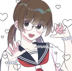 1girl blush brown_hair english_commentary fang flat_chest glasses heart long_hair open_mouth osamu_(ri_osa_mu) petite real_life thai_commentary translated twintails