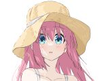  1girl bare_shoulders blue_eyes blush bocchi_the_rock! collarbone dot_nose dress gotoh_hitori hair_between_eyes hat hat_ribbon highres long_hair looking_at_viewer open_mouth pink_hair portrait ribbon simple_background solo strap straw_hat sun_hat sundress to9_722 white_background white_ribbon 