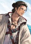  1boy adventurer_(ff14) beard_stubble black_hair blue_eyes blue_sky clouds facial_hair final_fantasy final_fantasy_xiv final_fantasy_xiv_dawntrail flower grin hair_slicked_back highres makimura_shunsuke male_focus mature_male mustache_stubble ocean open_clothes open_robe outdoors robe rose shirt sky smile solo teeth warrior_of_light_(ff14) water white_flower white_rose white_shirt 