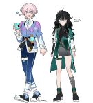  ... 1boy 1girl absurdres belt black_hair camera dan_heng_(honkai:_star_rail) full_body genderswap genderswap_(ftm) genderswap_(mtf) hair_between_eyes highres honkai:_star_rail honkai_(series) jacket long_hair long_sleeves march_7th_(honkai:_star_rail) multicolored_hair open_mouth pants pillosopi pink_hair shirt shoes simple_background single_sock skirt socks spoken_ellipsis standing twitter_username white_background 