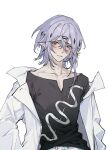  1boy arknights bishounen black_shirt blush chuan04826 coat cowboy_shot grey_eyes grey_hair highres looking_at_viewer male_focus pointy_ears shalem_(arknights) shirt short_hair simple_background solo white_background white_coat 