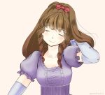  1girl anrietta_rochefort arc_the_lad arc_the_lad_iii bow breasts brown_hair closed_mouth collarbone curly_hair dress elbow_gloves gloves hair_bow long_hair purple_dress roasted_burnt_c simple_background smile solo 