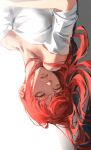  1girl absurdres chainsaw_man dress hair_flowing_over highres kozzz_y long_hair looking_to_the_side makima_(chainsaw_man) parted_lips redhead ringed_eyes sideways simple_background solo white_background white_dress yellow_eyes 