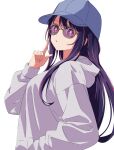  1girl baseball_cap bespectacled blue_headwear breasts censored commentary_request glasses hand_in_pocket hat highres hood hoodie hoshino_ai_(oshi_no_ko) index_finger_raised kusana_(kusana47454281) long_hair long_sleeves looking_at_viewer medium_breasts mosaic_censoring multicolored_hair oshi_no_ko parted_lips pink_hair puffy_sleeves purple-tinted_eyewear sidelocks simple_background solo star-shaped_pupils star_(symbol) streaked_hair symbol-shaped_pupils tinted_eyewear upper_body violet_eyes white_background white_hoodie 