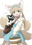  1girl :d animal animal_ear_fluff animal_ears aqua_hairband aqua_skirt arknights bag basket black_cat blonde_hair brown_bag cardigan cat cross-laced_clothes cross-laced_skirt cross-laced_slit crossover drawdrawdeimos feet_out_of_frame fox_ears fox_girl fox_tail frilled_hairband frills green_eyes hair_ornament hairband handbag high-waist_skirt highres holding holding_animal holding_basket holding_cat kitsune kyuubi legs_apart long_sleeves looking_at_viewer luo_xiaohei luo_xiaohei_zhanji multicolored_hair multiple_tails neck_ribbon official_alternate_costume open_cardigan open_clothes open_mouth puffy_long_sleeves puffy_sleeves red_ribbon ribbon round_bag shirt shoulder_bag simple_background skirt sleeve_cuffs sleeves_past_wrists smile solo suzuran_(arknights) suzuran_(spring_praise)_(arknights) tail two-tone_hair white_background white_hair white_shirt yellow_cardigan 