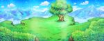  artist_request blue_sky bush clouds commentary day english_commentary field fushigi_no_dungeon game_cg grass light_particles light_rays mountain mountainous_horizon no_humans official_art outdoors pokemon pokemon_(game) pokemon_mystery_dungeon scenery sky sunlight third-party_source tree wide_shot 