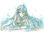  1girl aqua_hair azura_(fire_emblem) bare_shoulders hair_between_eyes long_hair looking_at_viewer lying mena_(suzunoki) on_floor on_stomach open_mouth solo very_long_hair water_drop yellow_eyes 