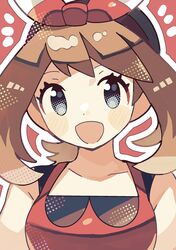  1girl :d anidler91 blue_eyes bow brown_hair eyelashes hair_bow highres looking_at_viewer may_(pokemon) open_mouth pokemon pokemon_(game) pokemon_oras red_background red_bow red_shirt shirt sleeveless sleeveless_shirt smile solo upper_body 