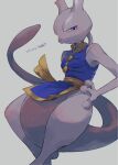  closed_mouth clothed_pokemon commentary_request frown glaring grey_background half-closed_eyes hand_on_own_hip highres kikuyoshi_(tracco) mewtwo pokemon pokemon_(creature) signature sleeveless solo violet_eyes 
