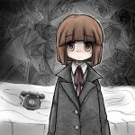 1girl abstract_background arms_at_sides bed black_coat blunt_bangs blunt_ends bob_cut brown_eyes closed_mouth coat collared_shirt commentary_request jade_(zbbc) long_sleeves looking_at_viewer mission-chan mission-chan_no_dai-bouken neck_ribbon nervous phone raised_eyebrows red_ribbon ribbon rotary_phone shirt short_hair solo straight-on upper_body white_shirt 