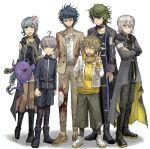  1girl 1other 4boys ahoge bandaged_chest black_footwear blonde_hair blue_eyes blue_hair blue_jacket boots braid chest_tattoo closed_mouth coat collared_shirt commentary_request crossed_arms desuhiko_thunderbolt facial_hair flower fubuki_clockford full_body glasses green_eyes green_hair grey_coat grey_hair hair_between_eyes hair_flower hair_ornament halara_nightmare hand_on_another&#039;s_shoulder hand_on_own_chest hashi_(84_rainco) highres hood hood_down hooded_coat hoodie horns jacket jewelry long_hair long_sleeves looking_at_viewer master_detective_archives:_rain_code multiple_boys necklace open_mouth pants partially_unbuttoned pink-framed_eyewear pink_flower purple_eyeliner purple_hair round_eyewear shinigami_(rain_code) shirt short_hair single_braid sleeveless_coat smile standing stubble tattoo tinted_eyewear v violet_eyes vivia_twilight white_footwear white_jacket white_shirt yakou_furio yellow_hoodie yellow_jacket yellow_pants yuma_kokohead 