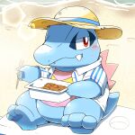  animal_focus blush chopsticks clothed_pokemon eating fang food food_in_mouth footprints hat highres holding holding_chopsticks lens_flare no_humans nostrils open_clothes open_shirt pokemon pokemon_(creature) red_eyes sand shirt shore sitting solo sun_hat sweatdrop tatu_wani totodile white_shirt 