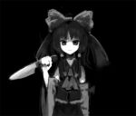  ascot black_background closed_mouth collared_shirt commentary_request detached_sleeves empty_eyes greyscale hair_ribbon hakurei_reimu holding holding_knife horror_(theme) knife kuroi_nyan long_hair looking_at_viewer lowres monochrome no_nose nontraditional_miko ribbon shirt simple_background skirt sleeveless sleeveless_shirt smile touhou 
