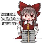  1girl ascot blush bow brown_hair collared_shirt commentary cowboy_shot detached_sleeves english_text frilled_shirt_collar frills game_console hair_bow hair_tubes hakurei_reimu hands_on_own_hips impact_(font) kasuya_baian looking_at_viewer medium_hair open_mouth playstation_1 red_bow red_eyes red_shirt red_skirt shirt sidelocks simple_background skirt skirt_set sleeveless sleeveless_shirt smile solo standing tareme touhou v-shaped_eyebrows white_background white_sleeves yellow_ascot 
