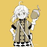  1girl :d acorn ahoge aoi_umetaro backpack bag buttons coat cowboy_shot double-breasted earrings elf elf_to_shuryoushi_no_item_koubou glasses gloves hand_up highres holding jewelry looking_at_viewer magritte_(elf_to_shuryoushi_no_item_koubou) monochrome pointy_ears ponytail sheath sheathed short_sleeves short_sword shorts sidelocks simple_background smile solo sword turtleneck weapon yellow_theme 