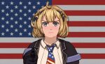  1girl absurdres ahoge aiming aiming_at_viewer american_flag american_flag_background american_flag_neckwear blonde_hair blue_eyes collared_shirt commentary english_commentary frown girls_frontline gun hair_ornament handgun highres holding holding_gun holding_weapon jacket looking_at_viewer m1911 m1911_(girls&#039;_frontline) m1911_(mod3)_(girls&#039;_frontline) medium_hair necktie shirt solo star_(symbol) star_hair_ornament straight-on the_superweirdo upper_body weapon white_shirt 