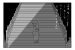  1girl arms_at_sides border closed_mouth dot_mouth from_behind greyscale highres japanese_clothes jitome kani_beam kimono long_hair looking_at_viewer looking_back monochrome no_pupils obi okobo on_stairs original sash shade simple_background sleeves_past_fingers sleeves_past_wrists solo stairs translation_request walking wide_shot 