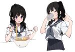  1girl :o alternate_hairstyle black_hair black_sailor_collar black_skirt blush breasts chitanda_eru chopsticks closed_eyes cropped_legs cropped_torso cup drinking eating egg_(food) fanning_face fanning_self food grey_neckerchief hand_fan holding holding_chopsticks holding_cup holding_spoon hyouka kamiyama_high_school_uniform_(hyouka) long_hair medium_breasts mery_(yangmalgage) multiple_views neckerchief noodles pleated_skirt ponytail ramen sailor_collar school_uniform serafuku shirt short_sleeves simple_background skirt spoon sweat sweatdrop teeth violet_eyes white_background white_shirt 