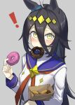  ! ahoge animal_ears bag black_hair blue_sailor_collar blush commentary_request cosplay doughnut ear_ornament food food_in_mouth grey_background hair_between_eyes hair_ornament highres holding holding_food horse_ears horse_girl long_hair long_sleeves looking_at_viewer manhattan_cafe_(umamusume) mouth_hold multicolored_hair neckerchief oguri_cap_(umamusume) oguri_cap_(umamusume)_(cosplay) red_neckerchief sailor_collar shirt simple_background streaked_hair umamusume upper_body very_long_hair watashinabe white_hair white_shirt 