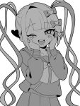  1girl :d akahito_(akaironotanin) blunt_bangs bow chouzetsusaikawa_tenshi-chan commentary greyscale hair_bow hair_ornament hands_on_own_face hands_up heart heart_hair_ornament highres long_hair long_sleeves looking_at_viewer monochrome multiple_hair_bows needy_girl_overdose one_eye_closed open_mouth pleated_skirt quad_tails sailor_collar school_uniform serafuku shirt simple_background skirt smile solo standing twintails very_long_hair white_background 