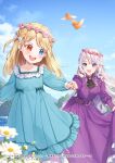  2girls :d aqua_dress ascot bird black_ascot blonde_hair blue_eyes bow brooch buchigire_reijou_wa_houfuku_o_chikaimashita._~madousho_no_chikara_de_sokoku_o_tataki_tsubushimasu~ clenched_hand clouds daisy day double-parted_bangs dress feet_out_of_frame female_child flower flower_wreath frilled_dress frills hair_bow hair_tucking hand_up head_wreath heterochromia highres jewelry leaning_forward long_dress long_hair long_sleeves looking_at_another looking_back masami_(souzou_jinsei_sanka) multiple_girls official_art outdoors pantyhose pink_flower purple_bow purple_dress red_eyes running sidelocks skirt_hold smile standing swept_bangs teeth tree two_side_up upper_teeth_only water wavy_hair white_bow white_flower white_hair white_pantyhose 