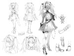  1girl arm_tattoo commentary_request dark-skinned_female dark_skin dress eyepatch fujii_jun girls_frontline greyscale hs.50_(girls&#039;_frontline) long_hair monochrome multiple_views pantyhose shoes simple_background sketch tattoo twintails white_background 