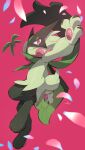  absurdres full_body highres looking_at_viewer meowscarada no_humans nullma petals pink_background pokemon pokemon_(creature) solo 
