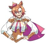  1girl animal_ears armor brooch cape corset cropped_torso crown ear_bar gocic highres horse_ears jewelry long_sleeves looking_at_viewer mini_crown open_mouth orange_hair pink_cape shirt short_hair shoulder_armor simple_background sketch smile solo t.m._opera_o_(umamusume) umamusume upper_body v-shaped_eyebrows violet_eyes white_background white_shirt 