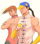  2boys amagayu0104 baseball_cap braid brothers brown_hair chinese_clothes hat highres male_focus multiple_boys shirt siblings sleeveless sleeveless_shirt street_fighter street_fighter_iii_(series) yang_lee yun_lee 