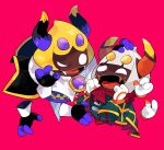  2boys cape dark_taranza disembodied_limb evil_smile extra_arms fangs gloves highres horns kirby_(series) looking_at_another male_focus multiple_boys ni_re no_humans open_mouth red_background smile sweat taranza team_kirby_clash_deluxe 